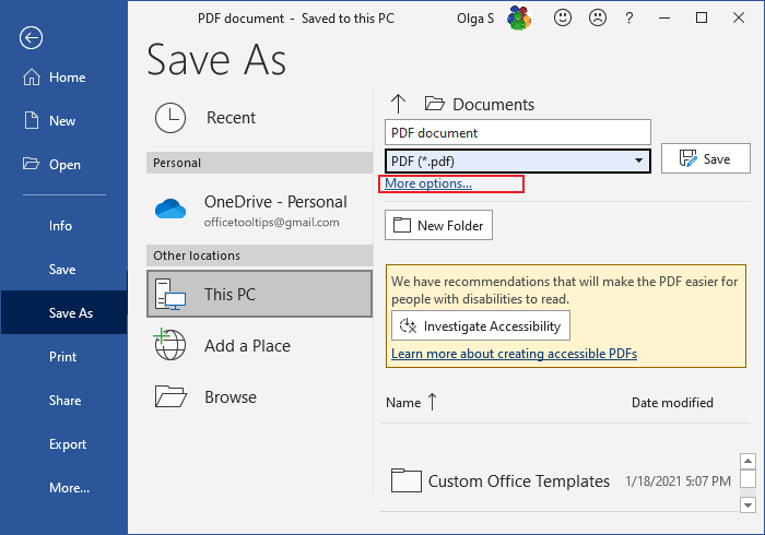 Save As PDF Investigate Accessibility in Word 365