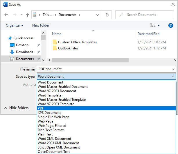 Save As PDF file in Word 365