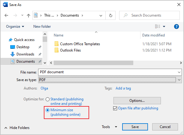 Save As PDF file in Word 365