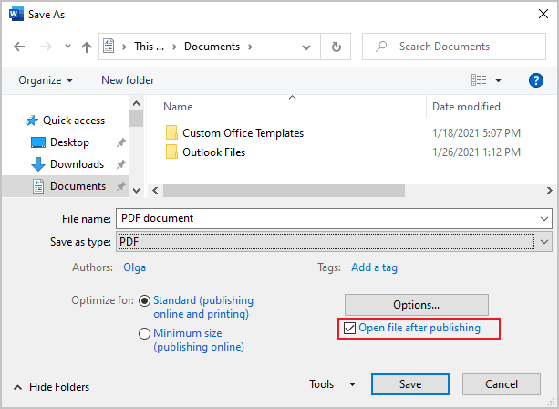 Open file after publishing in Word 365