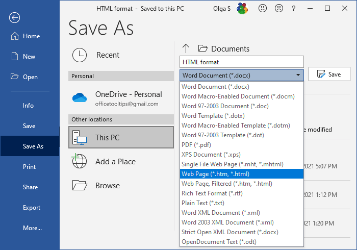 Save As HTML in Word 365