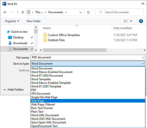 Save As HTML file in Word 365