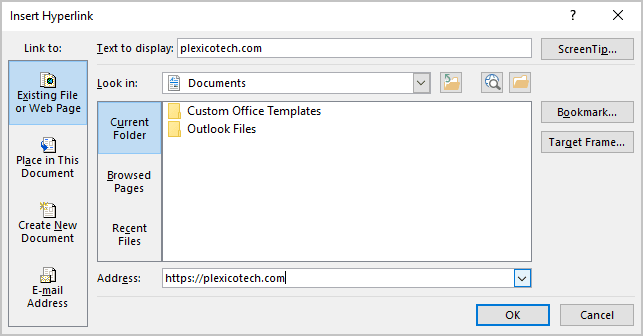 Address field in Insert Hyperlink Word 365