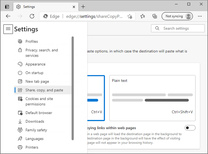 Share, Copy and Paste in Settings Microsoft Edge