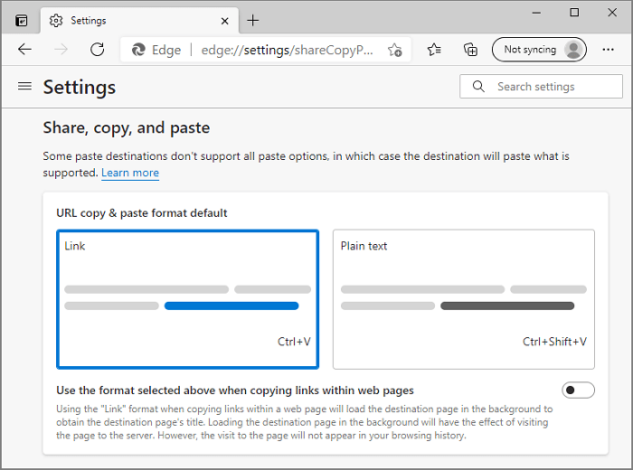 Share, Copy and Paste in Settings Microsoft Edge