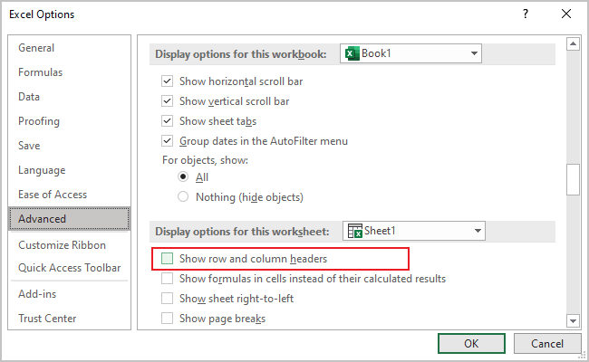 Show row and column headers in Excel 365