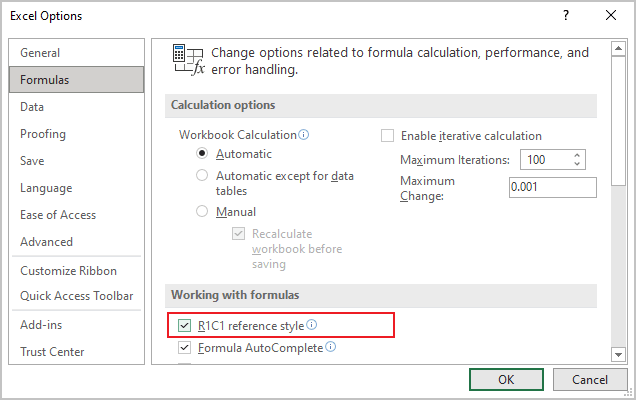 R1C1 reference style in Excel 365