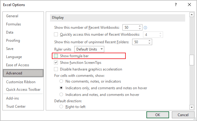 Show formula bar in Excel 365