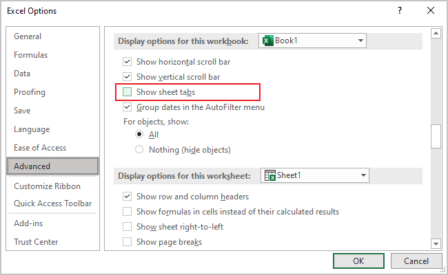 Show sheet tabs in Excel 365