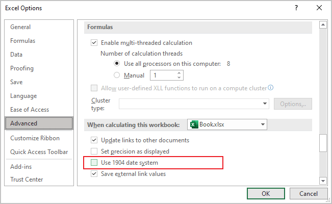 Use 1904 date system option in Excel 365