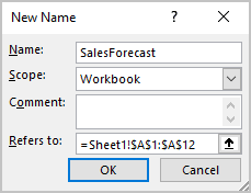 Define Name dialog box in Excel 365