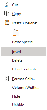 Insert in popup menu Excel 365