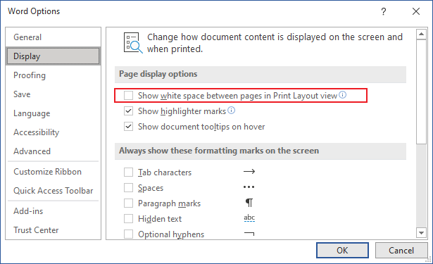 Show white space between pages in Print Layout view in Word 365
