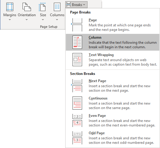 Column in Page Breaks Word 365