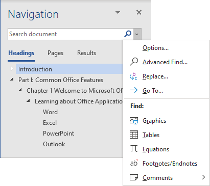 Navigation pane in Word 365