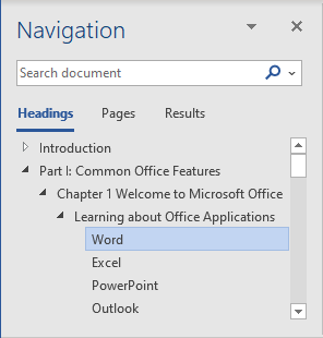 Headings in Navigation pane Word 365