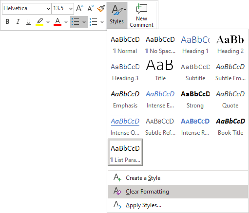 Clear Formatting in popup menu Word 365