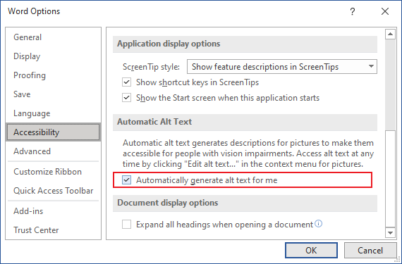 Automatically generate alt text for me in Word 365