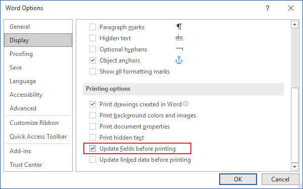 Update fields before printing in Word for Microsoft 365 Update fields before printing in Word 365