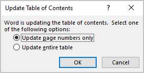 Update Table of Contents in Word 365
