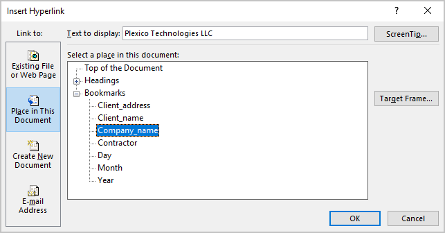 Insert Hyperlink dialog box in Word 365