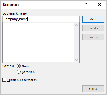 Add in Bookmark dialog box in Word for Microsoft 365 Add in Bookmark dialog box Word 365