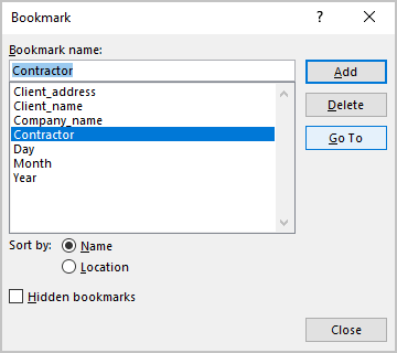 Go To in Bookmark dialog box Word 365