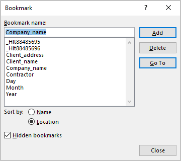 Hidden bookmarks in Bookmark dialog box in Word for Microsoft 365 Hidden bookmarks in Bookmark dialog box Word 365
