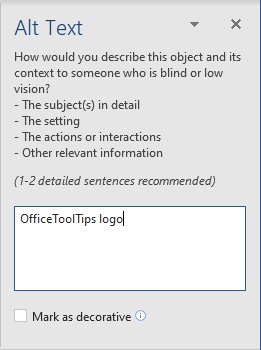 Alt Text pane in Word 365