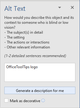 Generate a description for me in Alt Text pane Word 365