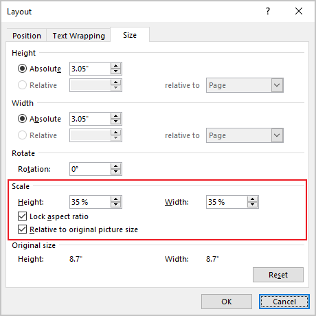 Layout dialog box in Word 365