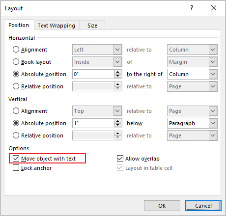 Layout dialog box in Word 365