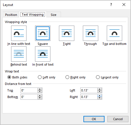 Text Wrapping tab in Layout dialog box Word 365