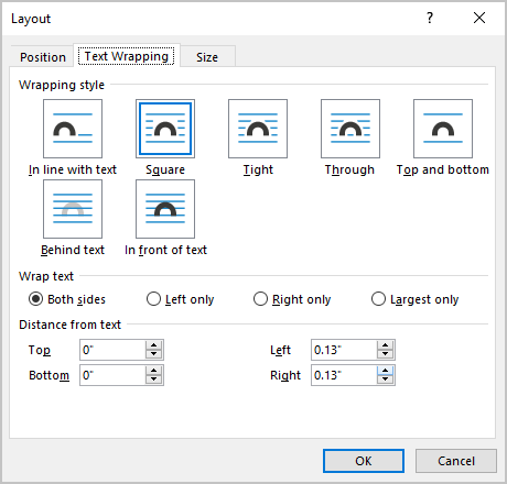 Text Wrapping tab Layout dialog box Word for Microsoft 365 Text Wrapping tab in Layout dialog box Word 365
