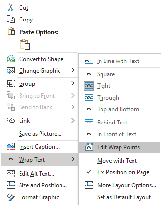 Edit Wrap Points in popup menu Word 365