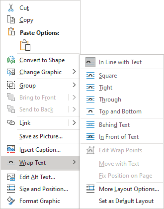 Wrap Text of graphics in popup menu Word 365