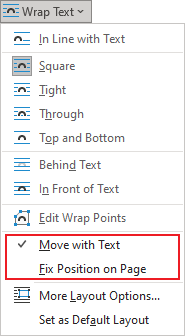 Wrap Text options in popup menu Word 365