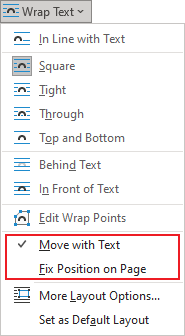 Wrap Text options in popup menu Word for Microsoft 365 Wrap Text options in popup menu Word 365