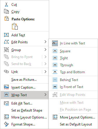 Wrap Text of shapes in popup menu Word 365