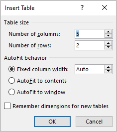Insert table dialog box in Word 365