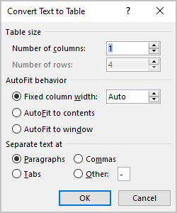 Convert Text to Table dialog box in Word 365