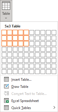 Insert table 5x3 in Word 365