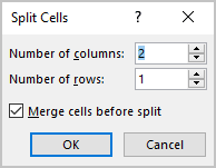 Split Cells dialog box in Word 365