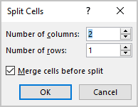 Split Cells dialog box in Word for Microsoft 365 Split Cells dialog box in Word 365