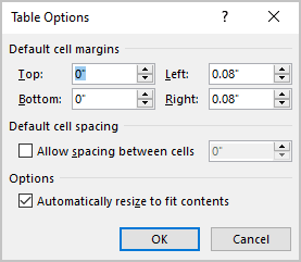 Table Options dialog box in Word 365