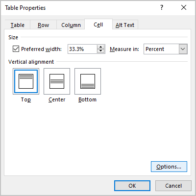 Options button in Table Properties Word 365