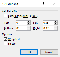 Cell Options dialog box in Word 365
