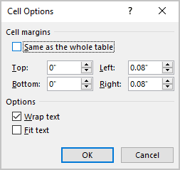 Cell Options dialog box in Word for Microsoft 365 Cell Options dialog box in Word 365