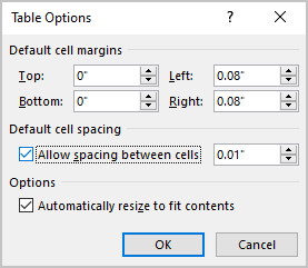 Table Options dialog box in Word 365