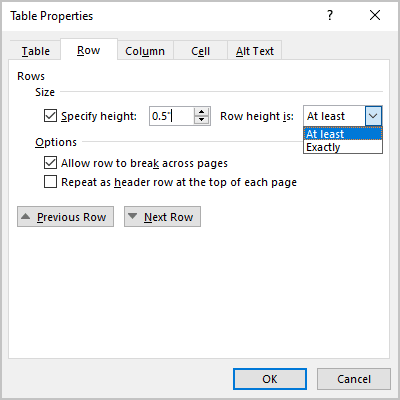 Row tab in Table Properties Word 365